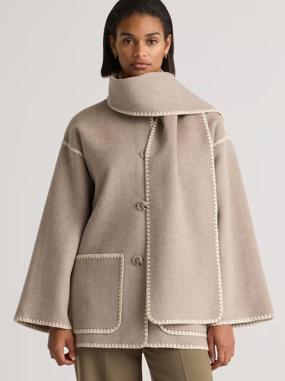 NWT Quince Double-Faced Merino Wool Whipstitch Scarf Coat Jacket Taupe Oat 1196